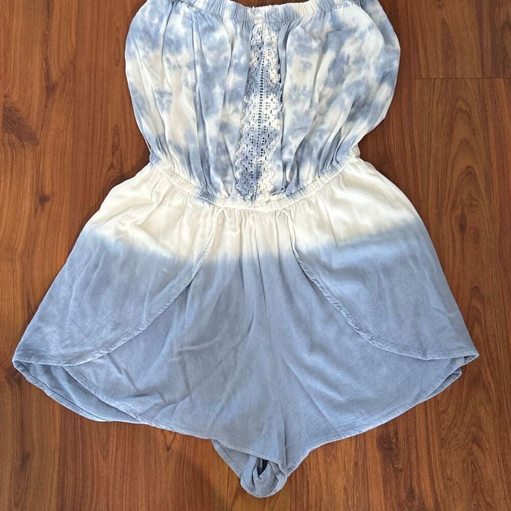 Ocean Drive Palm Beach, FL blue and white tie-dyed romper with crochet and wrapp